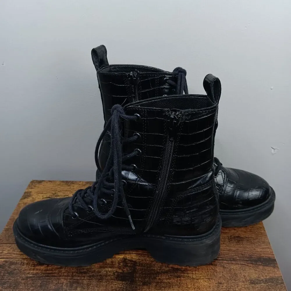 Steve Madden Combat Boots Womens 8M Black Embossed Tornado Platform Chunky Croc - Picture 2 of 8